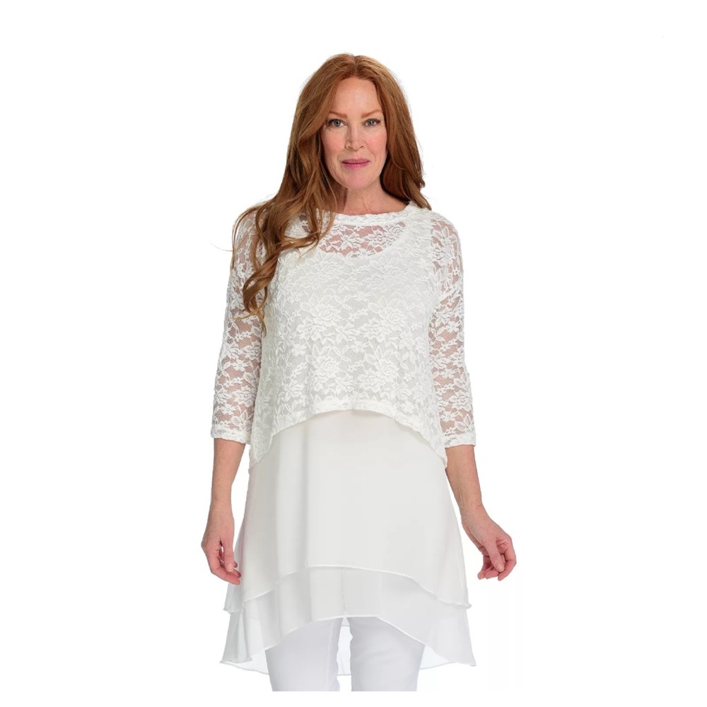 Women’s Kate & Mallory Kate Lace & Chiffon White 3/4 Sleeve Triple Layer Tunic
